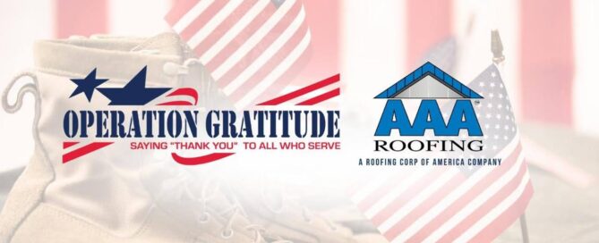 Operation Gratitude and AAA Roofing logos with American flags, boots, and flat roof.