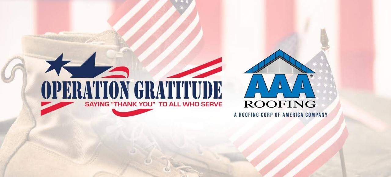 Operation Gratitude and AAA Roofing logos with American flags, boots, and flat roof.