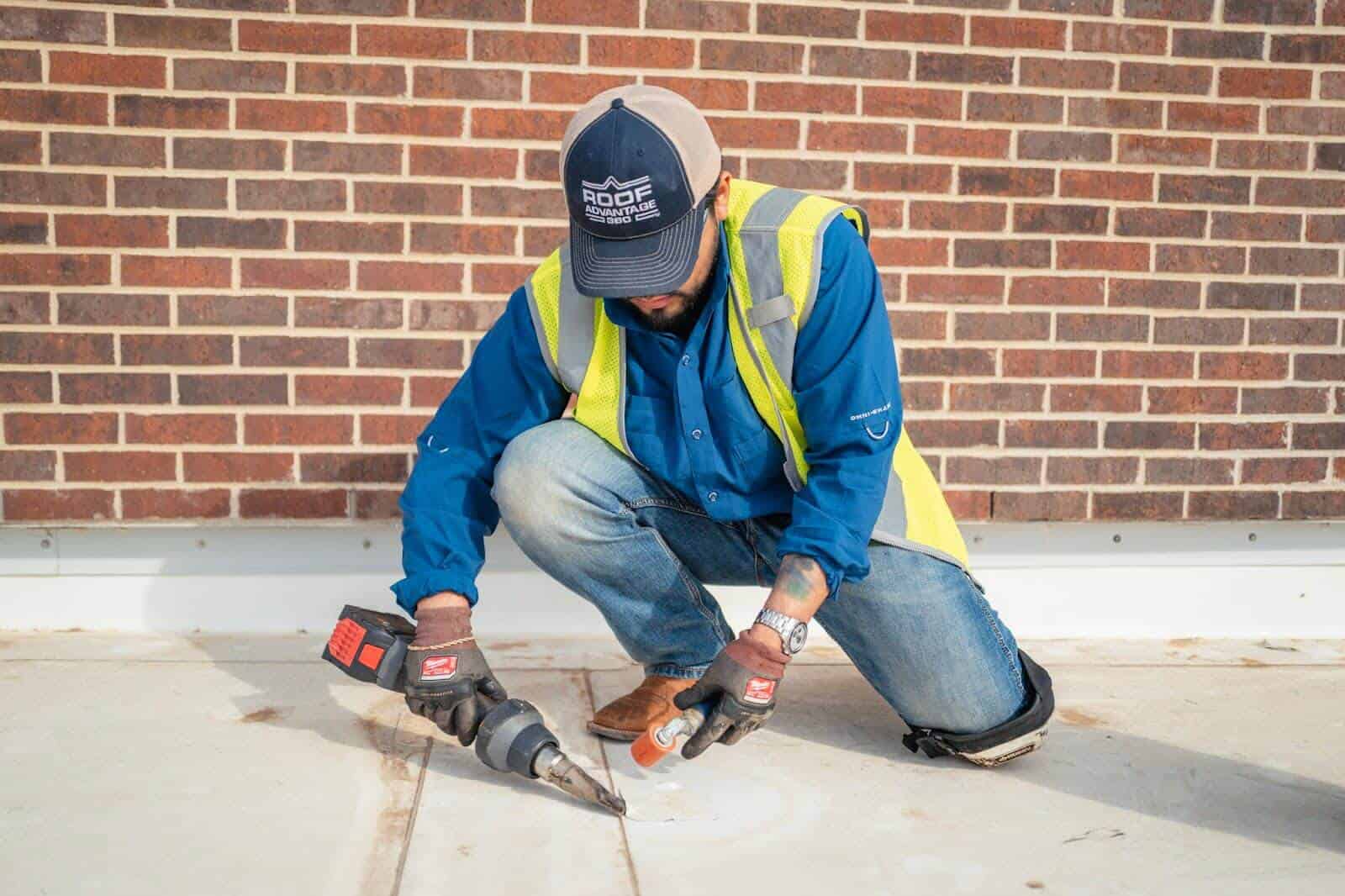 Roofing technician repairs an existing roof by sealnig roofing membranes