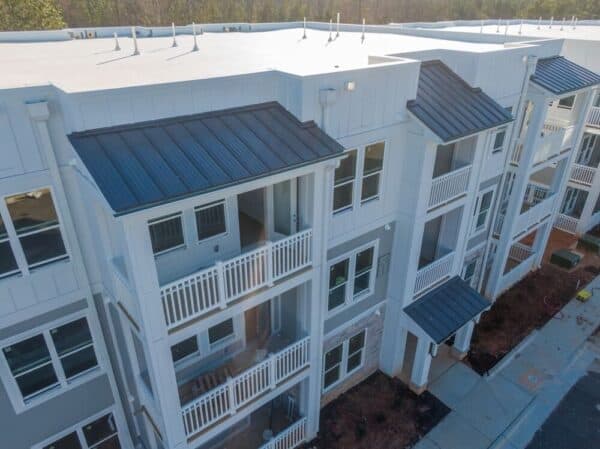 Commercial roofing materials on an apartment complex roof