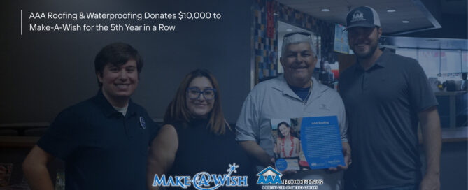 Four people indoors; man holds certificate with AAA Roofing’s $10,000 donation, highlighting commercial roof repair and maintenance excellence.
