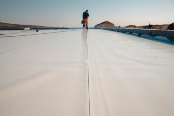 Two workers inspect a commercial flat TPO roof for repair and maintenance under clear skies.